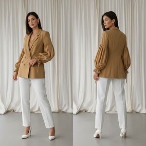 Midnight Velvet Khaki Puff Sleeve Blazer Jacket L